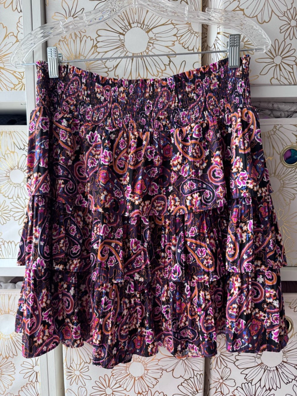 Anthropologie Tiered Paisley Mini Skirt in Purple and Pink
